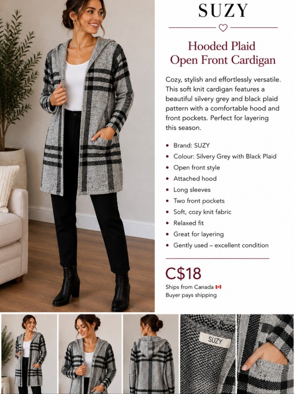 Suzy Shier Black and Gray Plaid Hooded Open-Front Cardigan